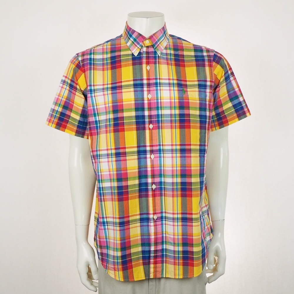 Polo Ralph Lauren Button Down Shirt Mens Large Yellow Plaid RL Pony Cotton Blend